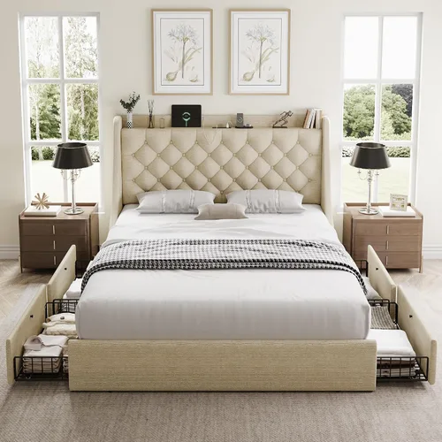 Vista 3 de GalnFu Marco de cama de tamaño completo con 4 cajones de almacenamiento, cabecera tapizada grande tipo wingback, estación de carga rápida,