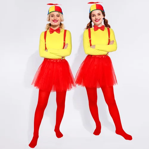 Vista 6 de 6 sombreros de payaso con parte superior de arcoíris, pajarita en Y, tirantes estilo tutus, falda tutú, medias con pies, camiseta amarilla para mujer