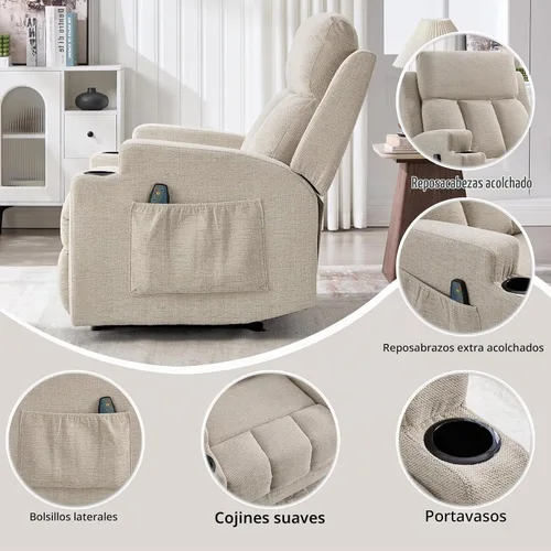 Vista 8 de CANMOV Silla reclinable manual con masaje y calor, cómoda silla reclinable con brazos y respaldo sobrerellenos, sofá individual reclinable manual