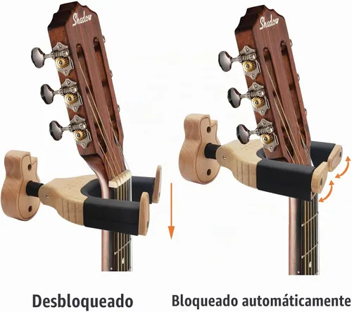 Vista 5 de Auto Lock - Soporte de pared para guitarra, soporte de madera dura en forma de guitarra para acústico, eléctrico, clásico, bajo, accesorios
