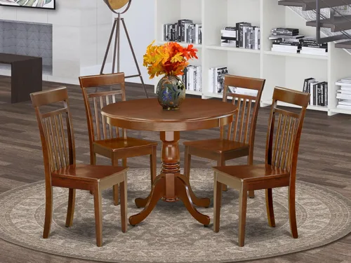 Vista 2 de East West Furniture AANCA5-MAH-W Juego de mesa de comedor de 5 piezas incluye una mesa de cocina redonda con pedestal y 4 sillas de comedor, 36 x 36