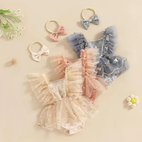 Vista 9 de Comoraecos Vestido mameluco de encaje floral para bebé, vestido de princesa con bordado de tutú y mangas para atar, sin espalda, vestido de princesa