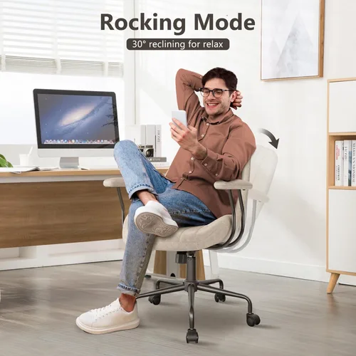 Vista 4 de Silla de oficina Mid Century Modren, silla ejecutiva giratoria con soporte lumbar, silla de escritorio ergonómica de respaldo medio con ruedas Beige