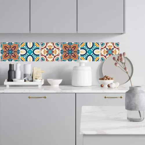 Vista 4 de DNVEN 6 calcomanías de azulejos retro, círculos de ondas, estilo floral, para cocina, baño, vinilo, impermeable, para despegar y pegar, 7.8 x 7.8