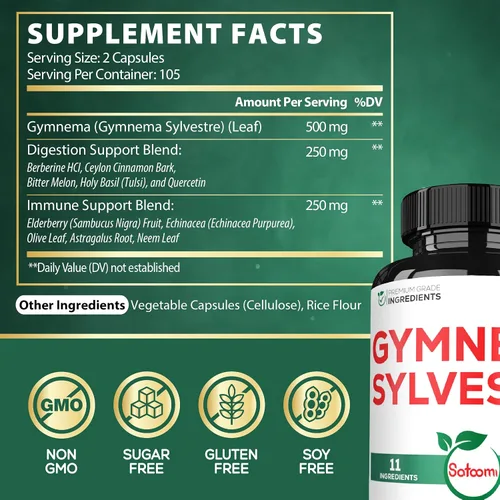 Vista 2 de Satoomi 1000mg Gymnema Sylvestre Suplementos - 210 Cápsulas - Extracto de Gymnema 20:1 con berberina HCl, Quercetina y más - Apoyo para la salud