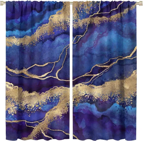 Vista 42 de Cortinas abstractas de mármol de lujo de lujo azul marino dorado a rayas con patrón de mármol estampado para dormitorio, sala de estar, cortinas
