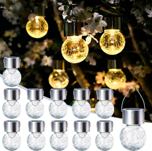 Vista 9 de Solpex Luces solares colgantes al aire libre, paquete de 8 luces decorativas de bola de vidrio agrietado, iluminación solar impermeable, luces
