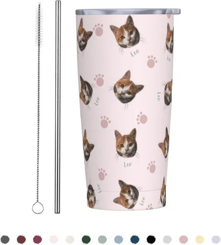 Vista 12 de Vaso personalizado de acero inoxidable para fotos de mascotas con cara de perro, 20 onzas con tapa y popote para viajes, regalo para amantes