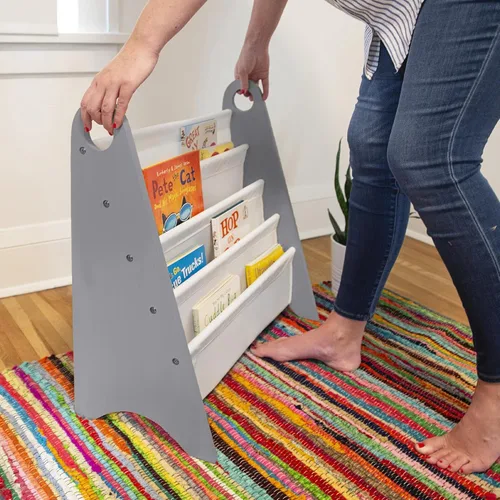 Vista 6 de Wildkin Estantería para niños, almacenamiento moderno de madera con 4 estantes y asas de tela, organizador para el hogar o el aula, gris y blanco
