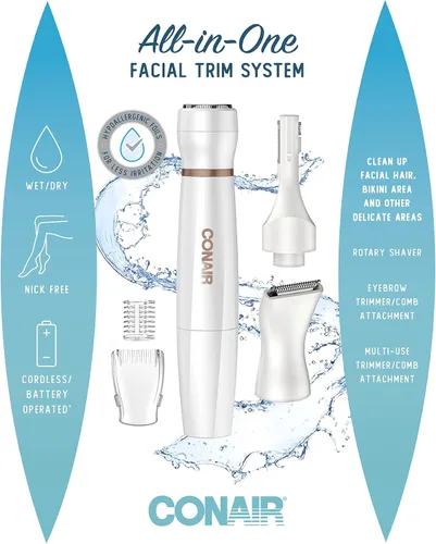 Vista 6 de Conair Depilación facial todo en 1 para mujeres, recortadora eléctrica inalámbrica, perfecta para cara, orejas/nariz, cejas y líneas de bikini