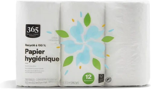 Vista 2 de 365 by Whole Foods Market, Papel de baño 100% reciclado, ultra fuerte, 260 hojas por rollo, 12