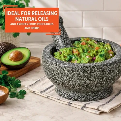 Vista 6 de IMUSA Molcajete de granito pulido tradicional resistente de 8.5 pulgadas para guacamole fresco, salsa, pesto, hierbas, especias