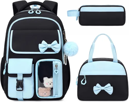 Vista 13 de Mochila para niñas, mochila escolar para niñas, bonita mochila con lazo para niñas, niños y adolescentes, para estudiantes de escuela primaria