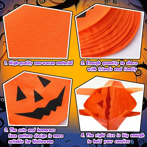 Vista 4 de 24 bolsas de calabaza de Halloween de 11.8 x 9.8 pulgadas, no tejidas, bolsas de truco o trato, cara de calabaza, caramelos, bolsa de regalo