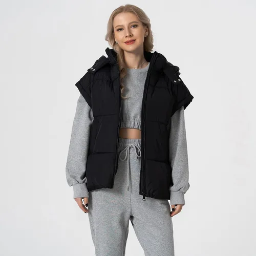 Vista 31 de Shiyifa Chaleco acolchado para mujer, chaqueta de gran tamaño, sin mangas, ligera, con cremallera, con capucha desmontable