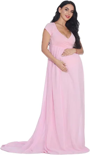 Vista 3 de ZIUMUDY Vestido de gasa de maternidad de manga corta con frente cruzado para fotografía de baby shower