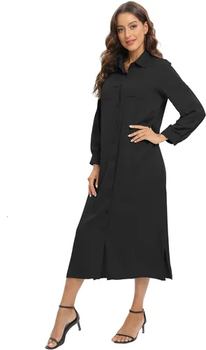 Vista 5 de Vestido elegante casual con botones y manga enrollada, maxi vestido largo con abertura y cinturón para mujer