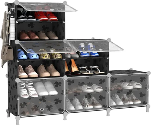Vista 11 de UNKU Zapatero de 8 niveles, armario de almacenamiento de zapatos de 32 pares de estantes de plástico para zapatos, organizador para armario, Negro