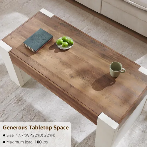 Vista 11 de OKD Mesa de café de 48" moderna estilo casa de campo, mesa de madera para sala de estar con cajón de almacenamiento oculto, mesas centrales