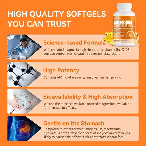 Vista 4 de Suplemento de glicinato de magnesio, glicinato de magnesio de 400 mg con zinc, vitamina B6, C, D3, magnesio puro para dormir, calma, músculo