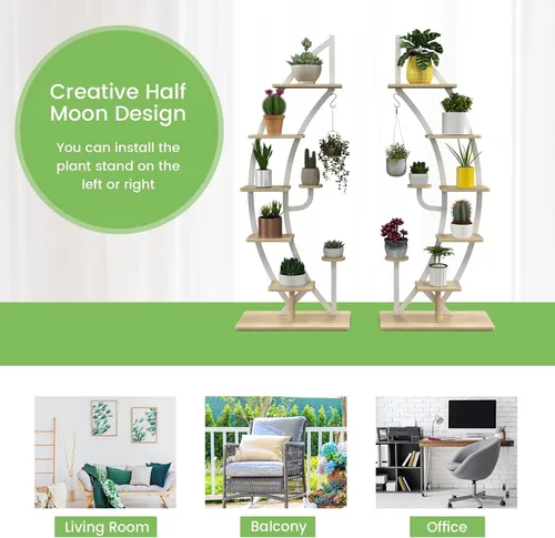 Vista 6 de Soporte de metal para plantas de 6 niveles, estante para plantas en forma de media luna para interiores con colgador y dispositivo antivuelco