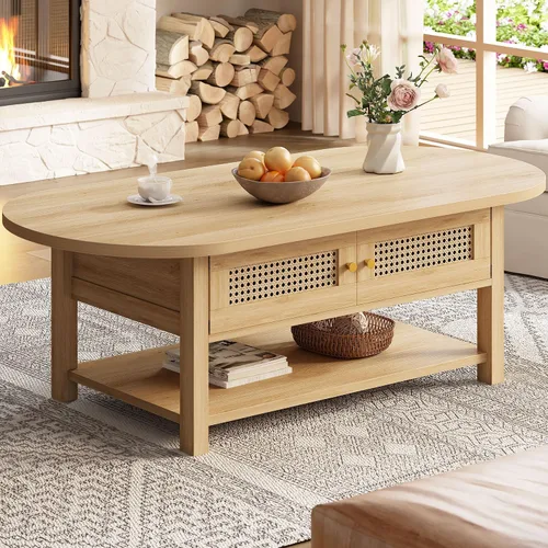 Vista 11 de LVB - Mesa de café de ratán, mesa de sala de estilo boho con almacenamiento, mesa de té de cóctel moderna ovalada de 2 niveles con puertas y estante