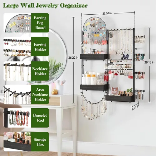 Vista 3 de Keebofly Organizador de joyas colgante de montaje en pared, soporte de exhibición grande para aretes, anillos, collares, pulseras, relojes y Negro