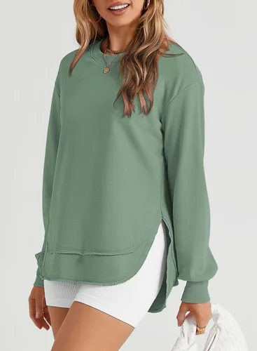 Vista 2 de SHEWIN Sudadera de gran tamaño para mujer, casual, de otoño, manga larga, cuello redondo, sin botones