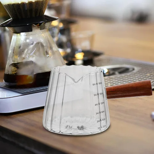 Vista 7 de Taza medidora de vaso de chupito de café expreso, jarra triple de 6 onzas, taza de leche con mango de madera, lado de vidrio, para tetera de té