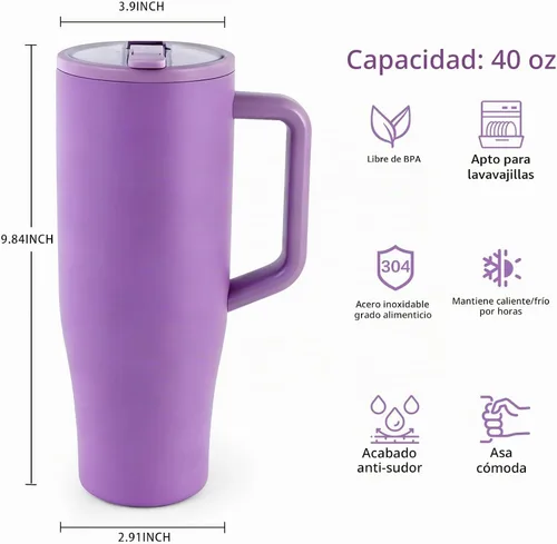 Vista 5 de Botella de agua de 40 onzas con asa, color morado, sexta generación, soporte para tazas compatible para viajes, vaso resistente a fugas