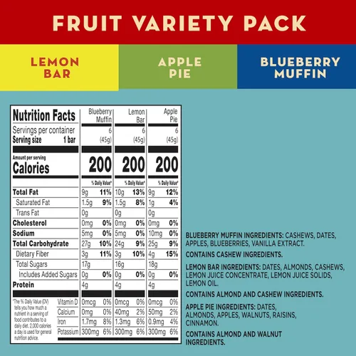 Vista 2 de Larabar Paquete variado, barras de frutas y nueces, 18 unidades, 28.8 onzas Includes Blueberry Muffin, Lemon Bar & Apple Pie, 6 Bars Each, Plant