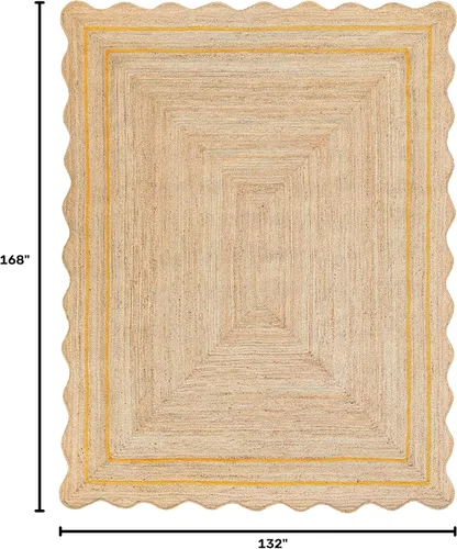 Vista 64 de Alfombra de Yute Natural Ondulada Festoneada - Corredor de Entrada Boho, Festón Estilo Granja, Blanco Roto (8'x10') Camino de entrada bohemio