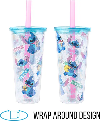 Vista 5 de Silver Buffalo Disney Lilo and Stitch - Vaso de plástico con tapa y pajita, 24 onzas