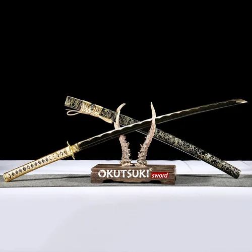 Vista 8 de Espada Katana de hoja nocturna dorada, 41 pulgadas, acero de alto carbono, parte superior afilada, hecha a mano, espada samurái japonesa espiga