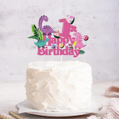 Vista 5 de Decoración para pastel de 1er cumpleaños de dinosaurio rosa, princesa real número 1 para tartas de dinosaurio, temática de dinosaurio, baby shower