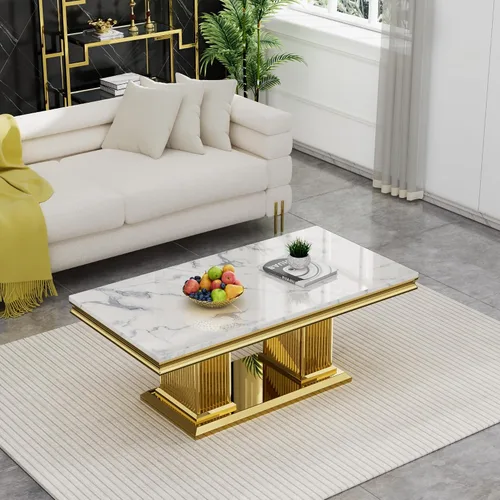 Vista 30 de SSLine Mesa de Centro Rectangular de Mármol Sintético para Sala de Estar, Mesa Central Moderna de Mármol Blanco de Lujo con Base Doble en Forma de U