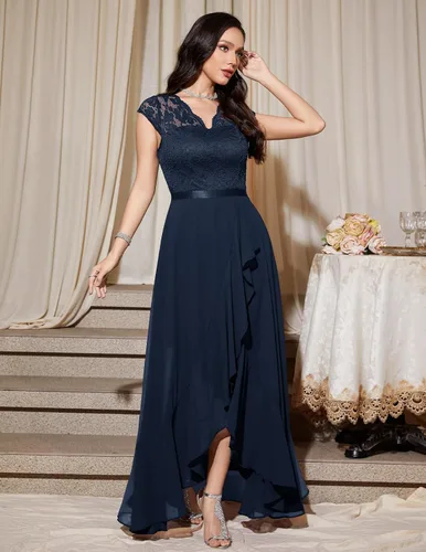 Vista 2 de Bbonlinedress Vestido de cuello en V para mujer con encaje floral alto-bajo, para invitadas de boda, graduación, cóctel, fiesta formal y dama