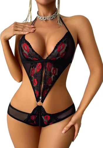 Vista 6 de Avidlove - Body de encaje para mujer con escote en V profundo, camisón Teddy. Babydoll de una pieza con cordones Azul bebé