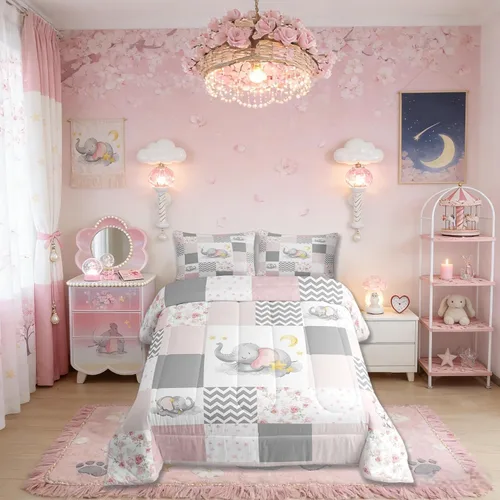 Vista 2 de Lindo juego de edredón de elefante, tamaño individual, juego de ropa de cama de dibujos animados Kawaii con flores de animales para niños y hombres