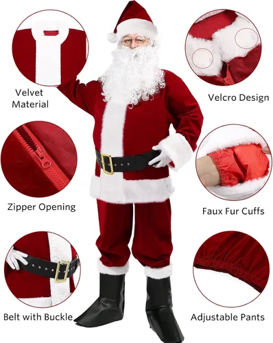 Vista 2 de Disfraz de Papá Noel para adulto, 9 piezas, traje de Papá Noel de felpa de lujo para hombre, disfraz de Papá Noel para hombres, conjunto de traje