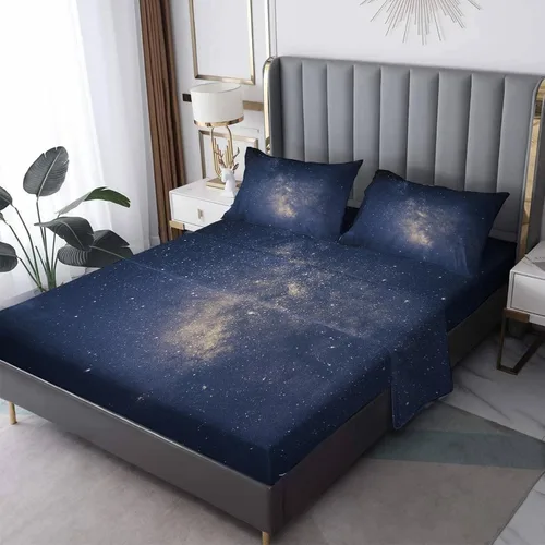 Vista 8 de Space Sheets - Juego de sábanas y fundas de almohada, tamaño individual, diseño de cielo estrellado, 3 piezas, sábana bajera ajustable de microfibra