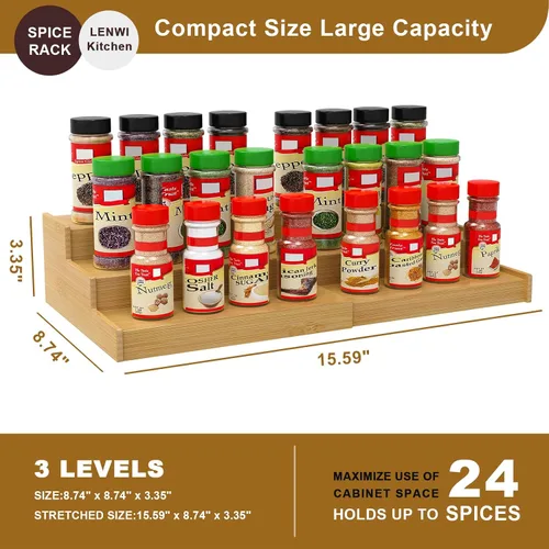 Vista 4 de Lenwi Organizador de estante de especias para gabinete, de bambú expandible de 3 niveles, ideal para gabinete de cocina, armario, despensa y más