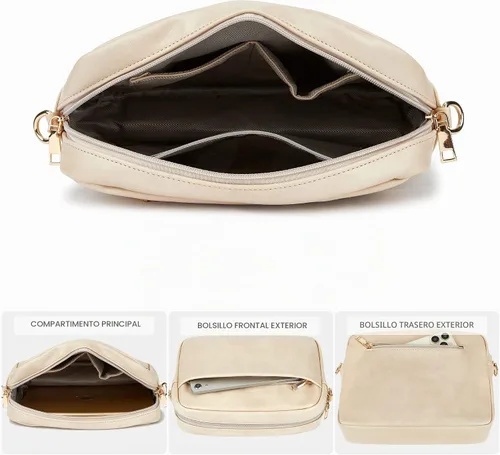Vista 4 de Bolso cruzado de cuero para mujer con cremallera y hombro para cámara Beige