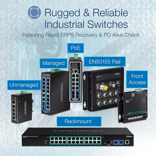 Vista 8 de TRENDnet Conmutador industrial Gigabit PoE+ de 10 puertos, 8 puertos Gigabit PoE+, Montaje en carril DIN, 2 ranuras SFP, Presupuesto de alimentación