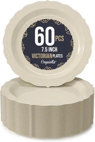 Vista 16 de SIZENAME - Platos de plástico desechables, diseño victoriano de calidad premium, color crema, para fiestas y bodas, 60