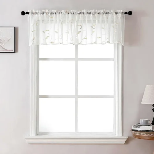 Vista 65 de VISIONTEX 2 paneles de cortinas traslúcidas de 63 in de largo, cortinas de gasa semitransparentes bordadas con hojas florales beige, bolsillo