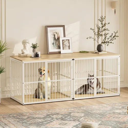 Vista 9 de Lyromix Mueble apilable para perros de 43 pulgadas, para razas grandes con habitaciones dobles, jaula de madera para perros, perrera resistente