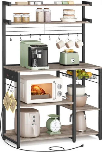 Vista 10 de VASAGLE Estante para panadero, soporte para microondas, estante de almacenamiento de cocina con cesta de alambre, 6 ganchos y estantes
