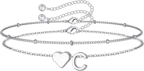 Vista 15 de M MOOHAM Pulseras de oro con inicial de corazón para mujer, pulseras con dije de letra A-Z de corazón dorado en capas para mujer, pulseras