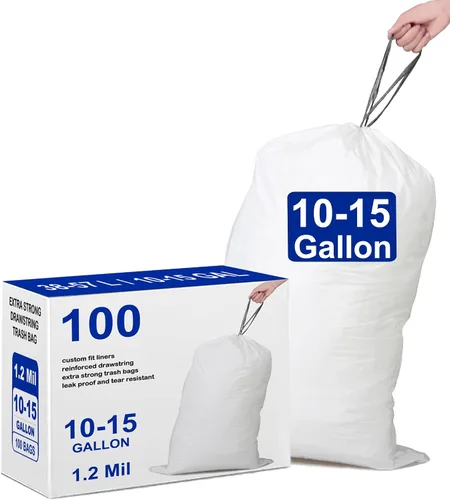 Vista 7 de Bolsas de basura con cordón resistentes de 50 unidades de 1.2 mil de grosor Forros blancos para botes de basura compatibles con Code P de 13-17